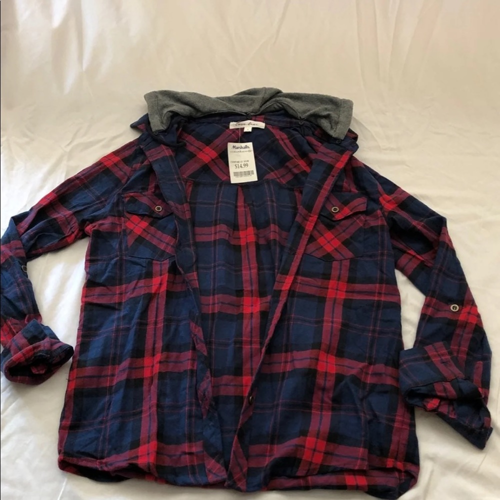 Blue and red flannel with detachable hood
